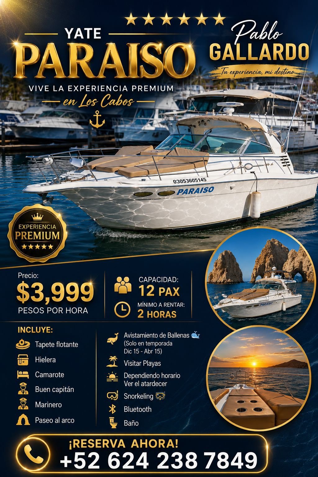 Ficha visual del Yate Paraíso con tarifa, capacidad y amenidades
